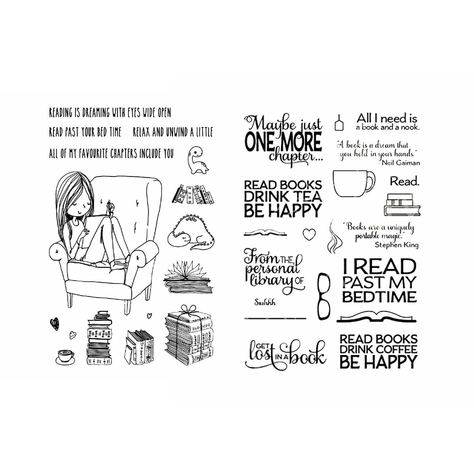 2 PCS Cozy Life Reading Coffee Drinking Lost in Book Clear Stamps Set DIY Scrapbooking Embossing Stencil Craft Cardmaking Gift Stentiments Words Cardstock Album Art Decoration