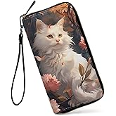GFRGTFHYT Womens Wallet, Large Capacity RFID Blocking PU Leather Wristlet Wallets for Women Ladies Men Credit Card Holder Zipper Wallet Phone Holder Clutch Travel Purse, White Cat Flowers
