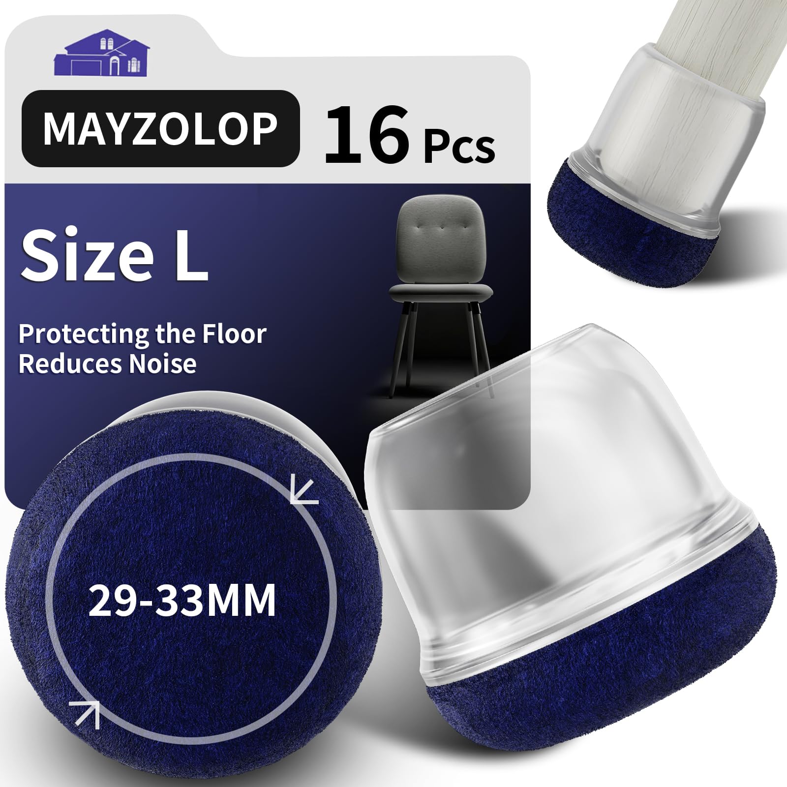 MAYZOLOP 16PCS Chair Leg Floor Protectors, Ø29-33mm Round Transparent Silicone Chair Leg Caps with Navy Blue Felt Pads, Hardwood Floor Protectors for Furniture Legs,No Scratches No Noise