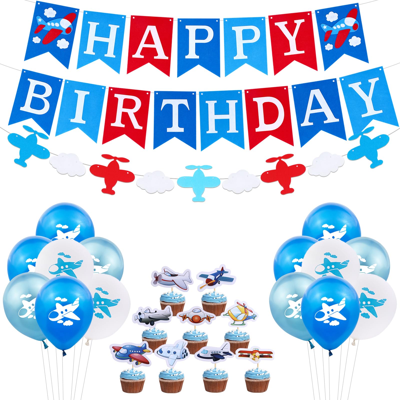 Jollyboom Plane Birthday Decorations Airplane Balloons Cake Toppers Happy Birthday Banner Time Flies Theme Party Supplies Vintage Airplane and Clouds Garland for Boys Girls Kids Birthday Party