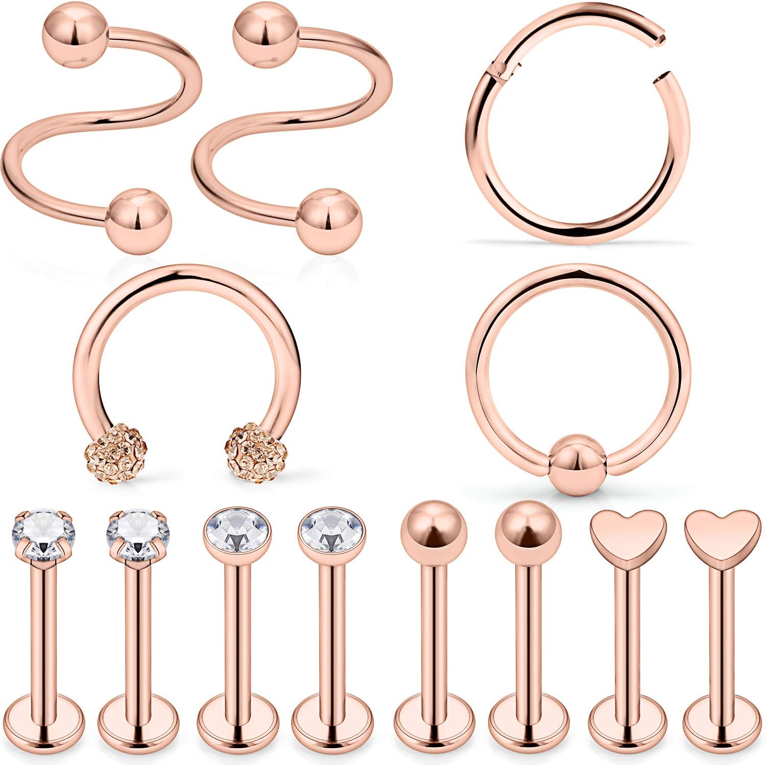 Tragus Earring 16G Surgical Steel Cartilage Earring Studs Forward Helix Hoop Piercing Jewelry for Women Men Lip Labret Monroe Rings 13 Pieces 8mm