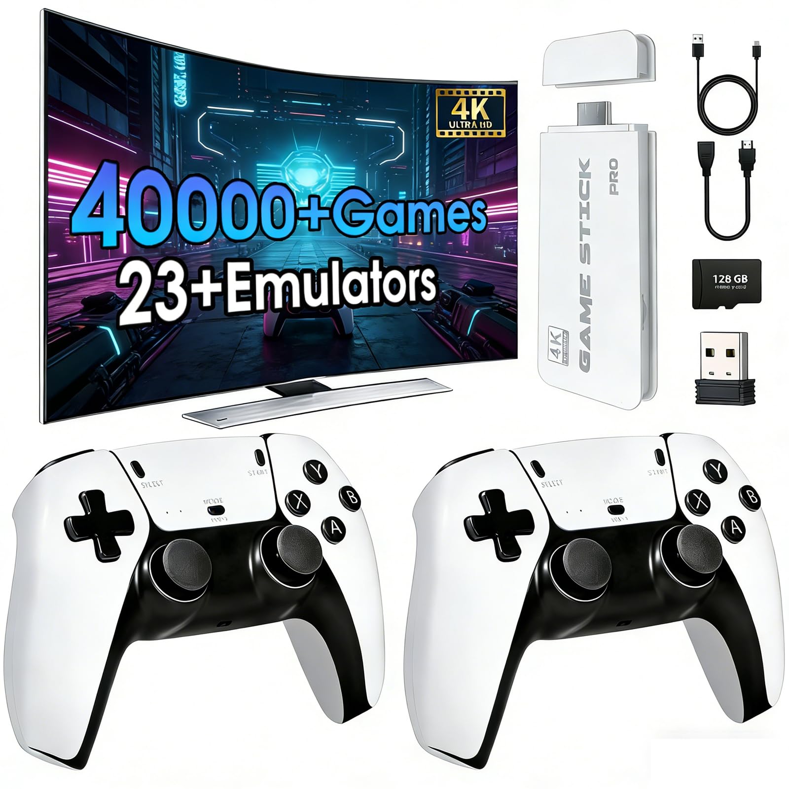 Photo 1 of 2026New Retro Game Console,40000+Games and 23 Emulators, with Dual 2.4G Wireless Controllers, Plug and Play 4K HD HDMI TV Game Stick White