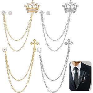 cobee 4 Pcs Vintage Chain Brooch Set for Men Women, Crown Cross Lapel Pins Suit Brooches for Clothes Hats Bags