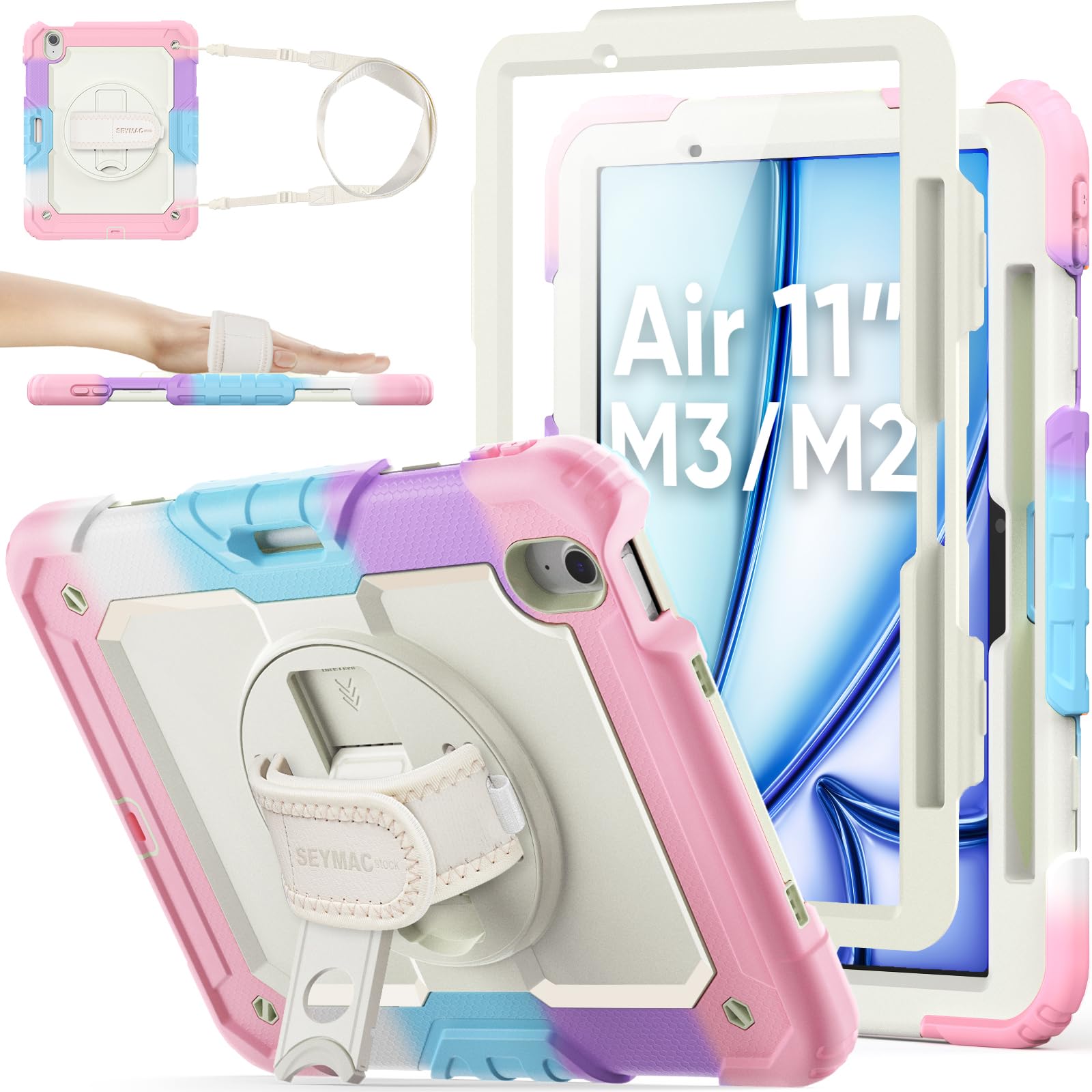 Photo 1 of SEYMAC stock for iPad Air 11 inch Protective Case M3 2025/ M2 2024 (Air 7th/6th Generation), Heavy Duty Case with Screen Protector, Pencil Holder, Rotating Stand, Hand Strap, Shoulder Strap, Pink