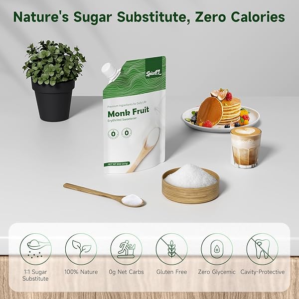 SPICEEL MONK FRUIT SWEETENER WITH ERYTHRITOL – WHITE SUGAR SUBSTITUTE, COFFEE, TEA, GLUTEN FREE, VEGAN, SUGAR REPLACEMENT(8 OZ)