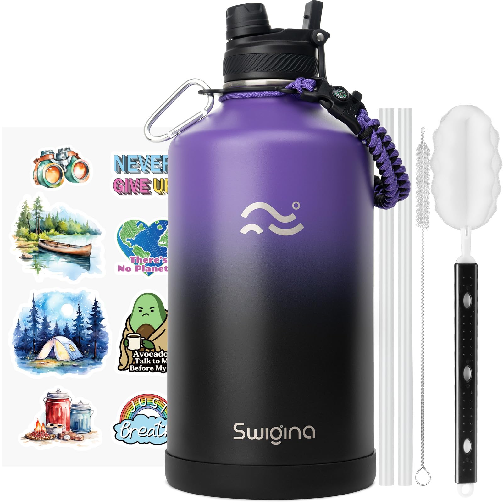 Swigina [2-IN-1 LID] Gallon Insulated Water Bottle with Silicone Boot (48hrs Cold/24hrs Hot) - DIY Stickers, Leakproof, BPA Free, 128 oz Image