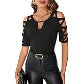 WDIRARA Women's Cut Out Criss Cross Rib Knitted Tee Tops Keyhole Neck Raglan Sleeve Solid Casual T Shirts