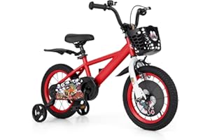 BABY JOY Kids Bike, 12 14 16 18 Inch Child Bike for 3-8 Years Old with Adjustable Height, Training Wheels, Storage Basket, Ha