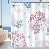 Bonhause Nautical Coastal Shower Curtain, Pink Blue Coral Seashell Beach Bathroom Decor 72 x 72 Inch Polyester Fabric Waterproof Bath Curtain with 12 Hooks