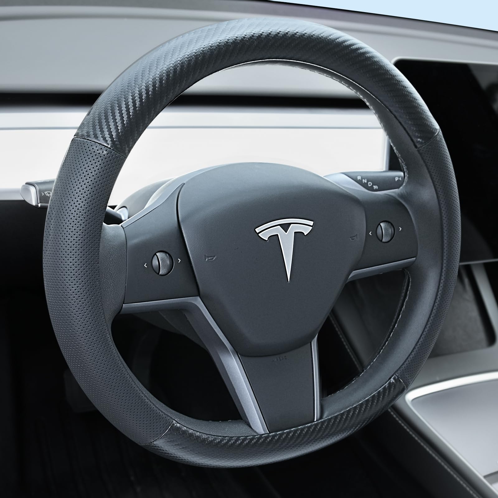Photo 1 of Uxcer Carbon Fiber Leather Steering Wheel Cover for Tesla Model 3/Y 2016-2025 2026 Juniper/Highland, Non-Slip Breathable Steering Wheel Protector for Tesla Model 3/Y Accessories 2026