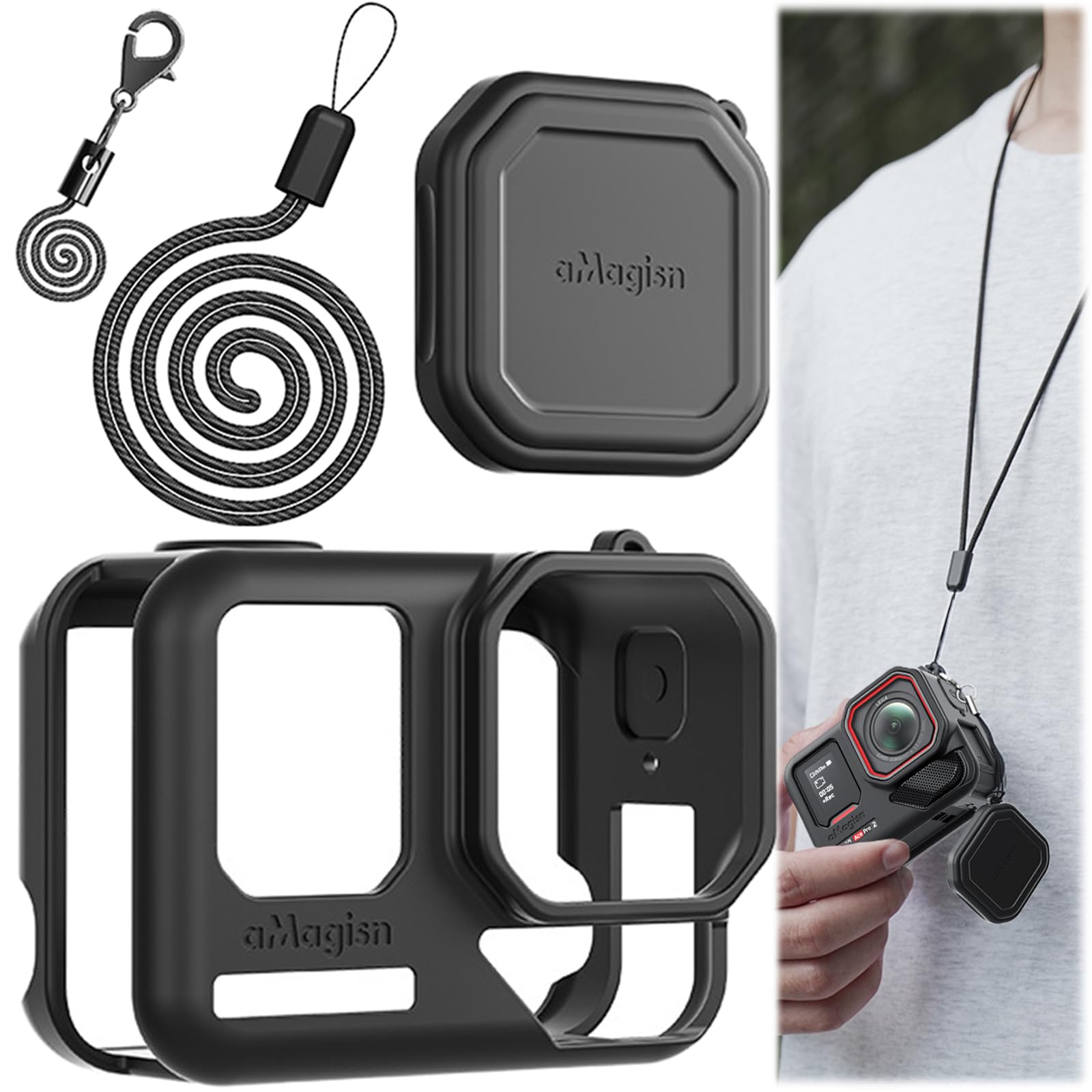Honbobo Protective Case for Insta360 Ace Pro 2, Silicone Camera Case+Lens Cap Cover+Lanyard, Protective Cap Lens Protector Protector Accessories for Insta360 Ace Pro 2