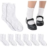 Halfchet 10 Pairs Girls Ruffle Socks Textured Dress White Cotton Short Socks with Heart Pattern for School Uniform Ages Girls 6-8