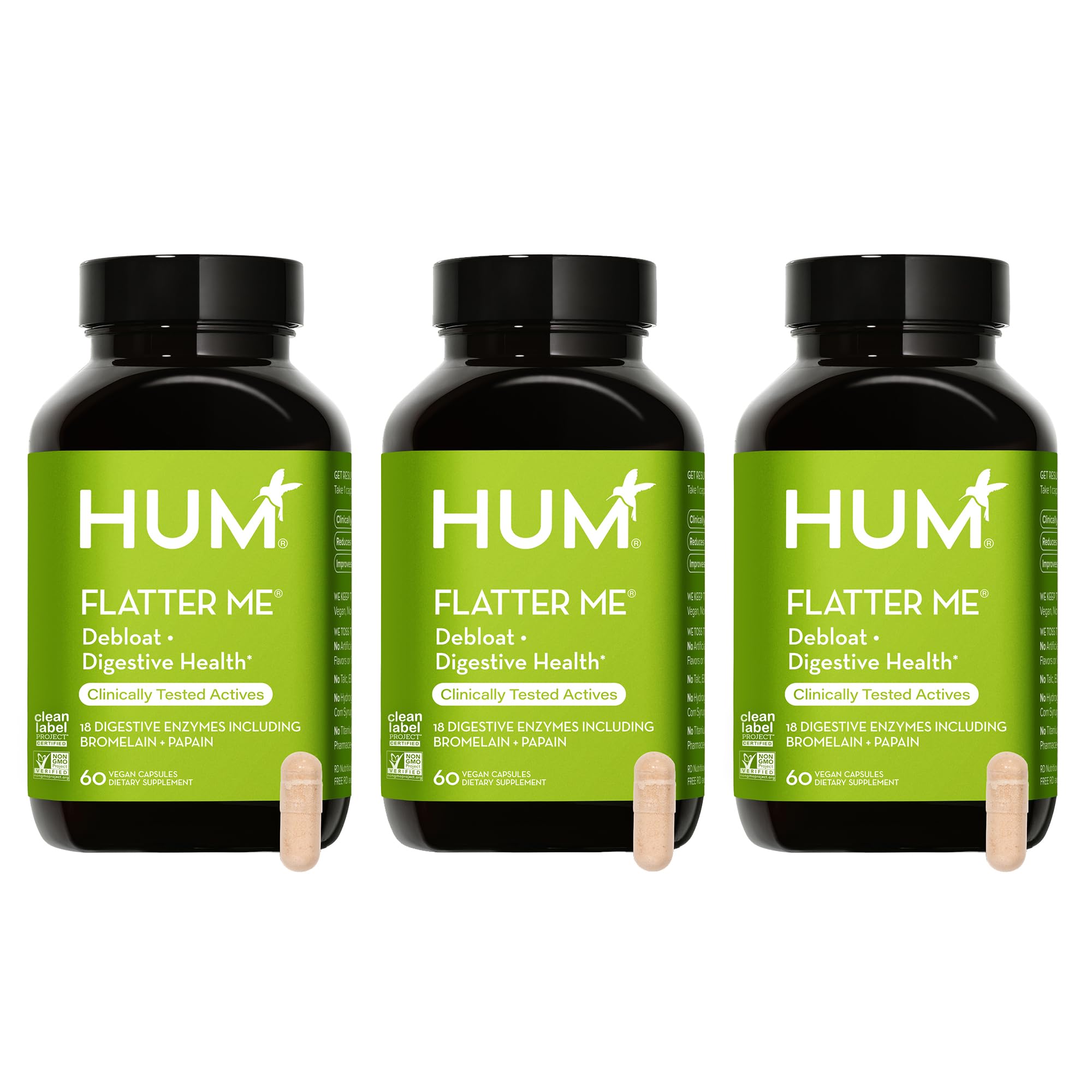 HUM Flatter Me Digestive Enzymes for Women & Men, Digestive Health Bloating Supplement with Ginger & Peppermint Leaf, Fast Acting Anti Bloat Pills Multi Enzyme for Debloating, Vegan,180 Capsules