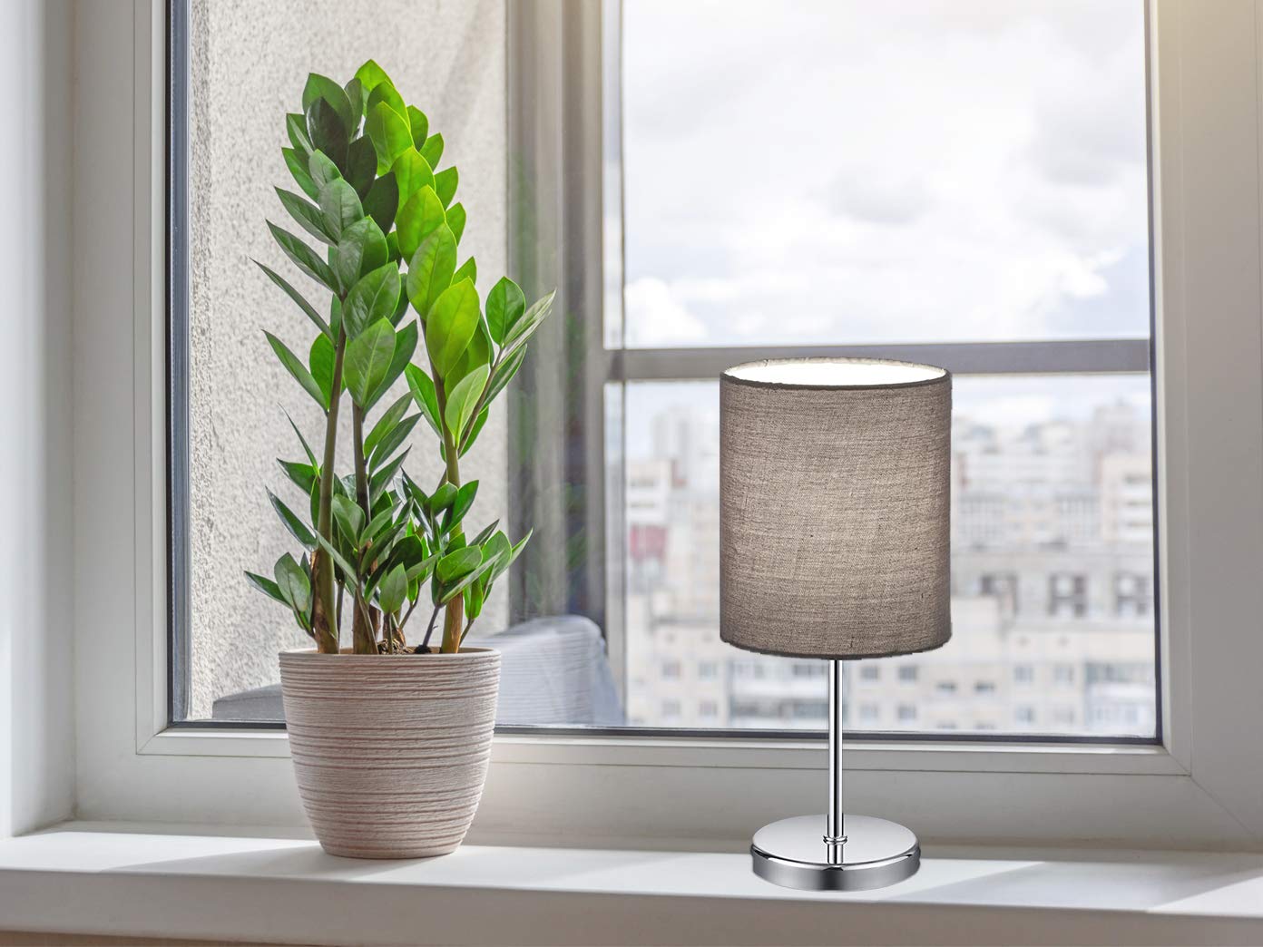 Reality Leuchten Tischleuchte Jerry R50491011, Metall Nickel matt, Stoffschirm Grau, exkl. 1x E14