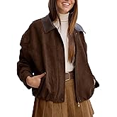Womens Faux Suede Bomber Jacket Casual Lapel Pilot Cropped Jackets Oversized Motorcycle Zip Up Outerwear Coats
