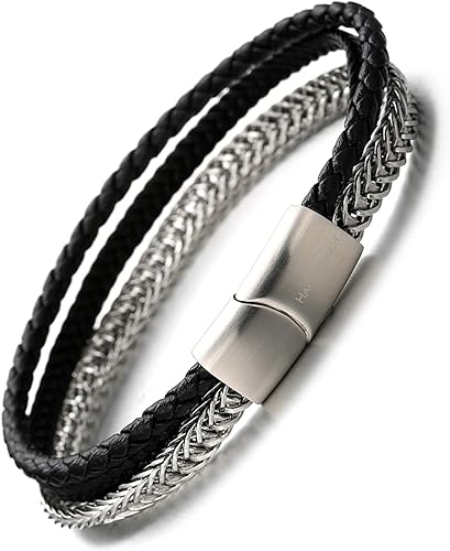 Halukakah Premium Macht Herren Armband Handgefertigt Echtleder In Schwarz Magnetverschluss Edelstahl Titan Kette Silber Kostenlos Geschenkbox Tolle Geschenkidee 21 5cm Amazon De Schmuck