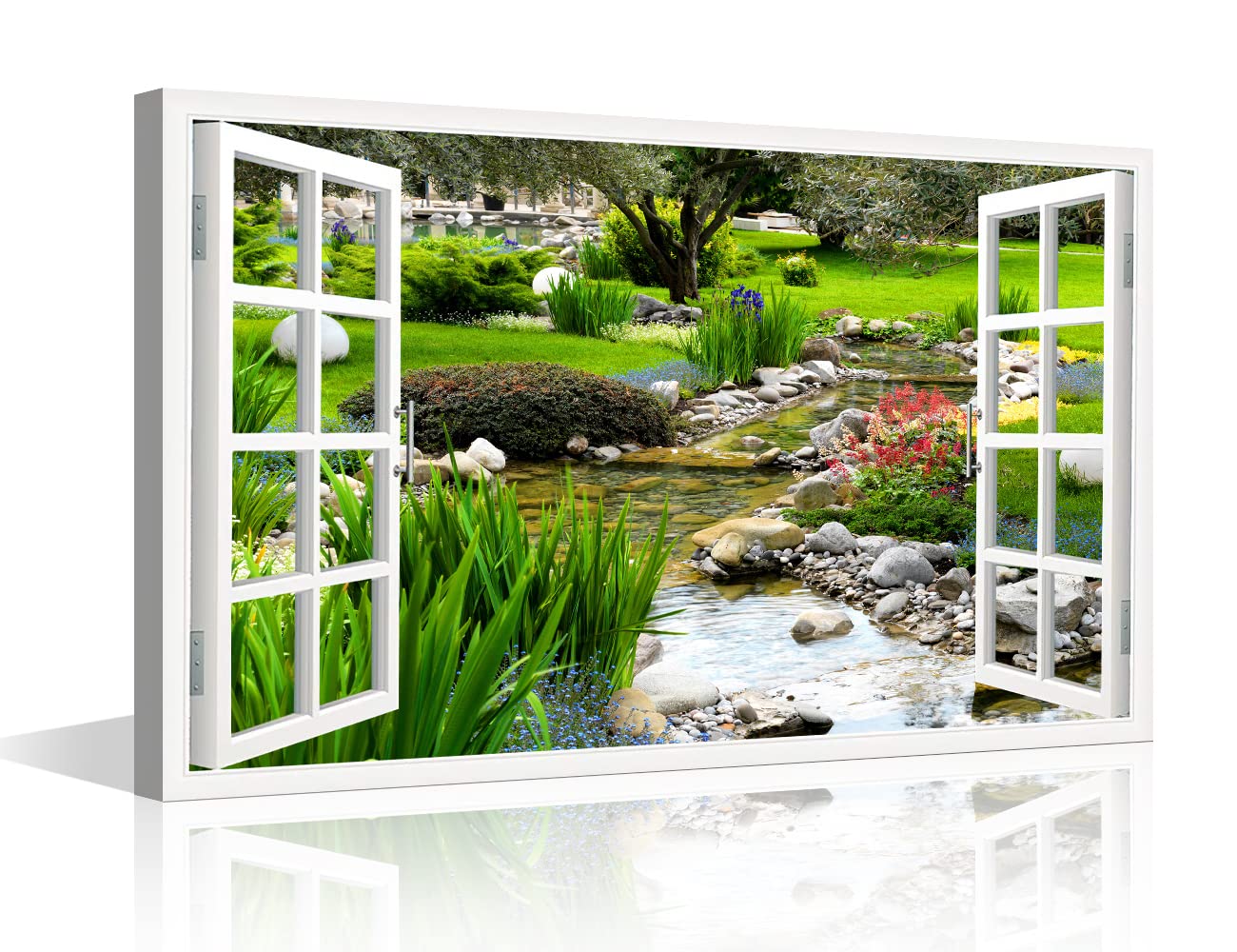 Canvas Nature Art Window View Decor for Home Clear Spring and Green Grass Out of The Open Window Creative Wall Hanging Prints for Office Home Kitchen Decorations Framed Ready to Hang (18"W x 12"H)