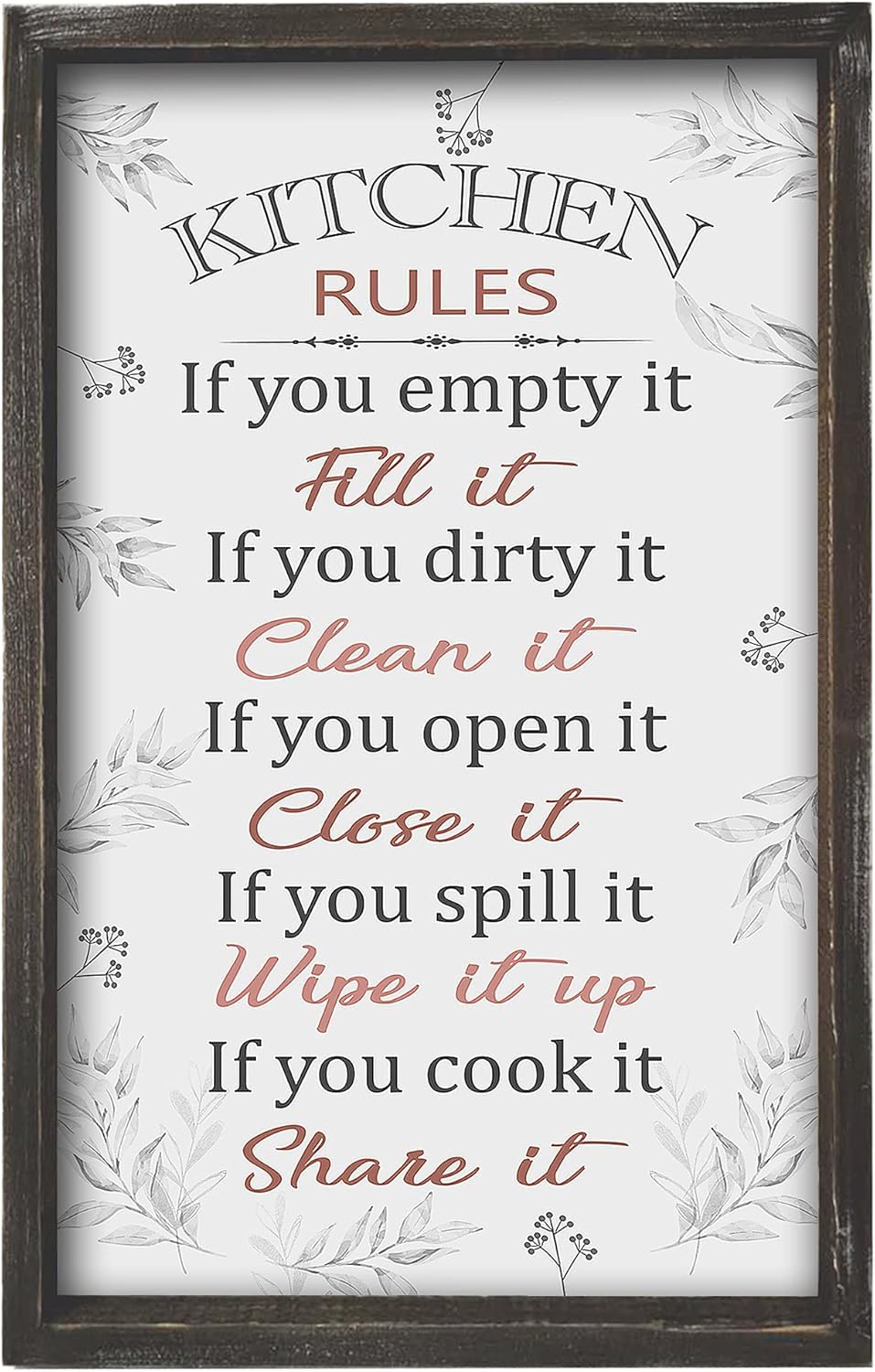 Buecasa Farmhouse Funny Kitchen Rules Sign - Rustic Kitchen Wall Art Decor - Country Wood Frame Kitchen Decorations 16x9.5 Inches Vertical