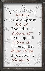 Buecasa Farmhouse Funny Kitchen Rules Sign - Rustic Kitchen Wall Art Decor - Country Wood Frame Kitchen Decorations 16x9.5 Inches Vertical