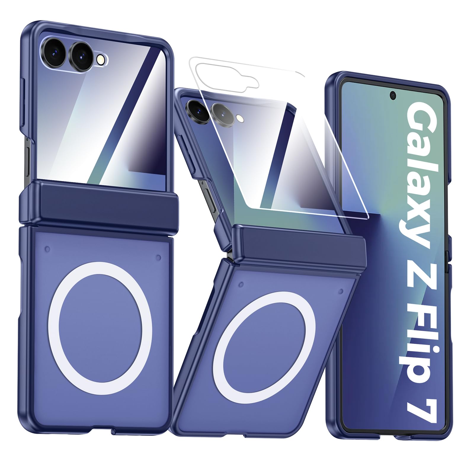 Photo 1 of Vizvera for Samsung Galaxy Z Flip 7 Case with Magnetic Power [Slim Design][Screen Protector][Hinge Protection] Translucent Matte Shockproof Protective Phone Case for Galaxy Z Flip 7(Magnetic Blue)