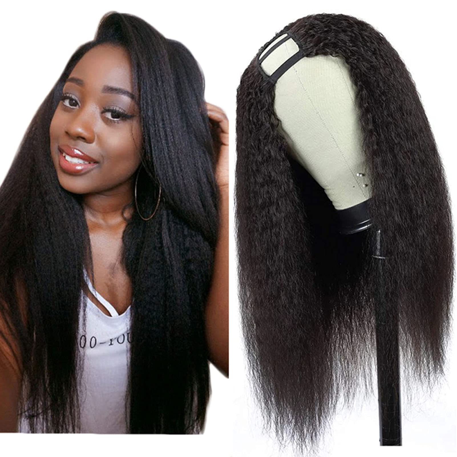 Aiokrtse Peruvian Virgin Hair U-Part Wig Kinky Straight Human Hair Wigs Natural Color 20 inches