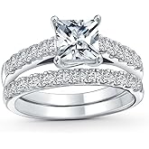 Personalize 1-3CT Brilliant Canary Yellow Cubic Zirconia Square Princess Cut Solitaire Cathedral Setting Thin Eternity Pave Band AAA CZ Anniversary Engagement Wedding Ring Set .925 Sterling Silver