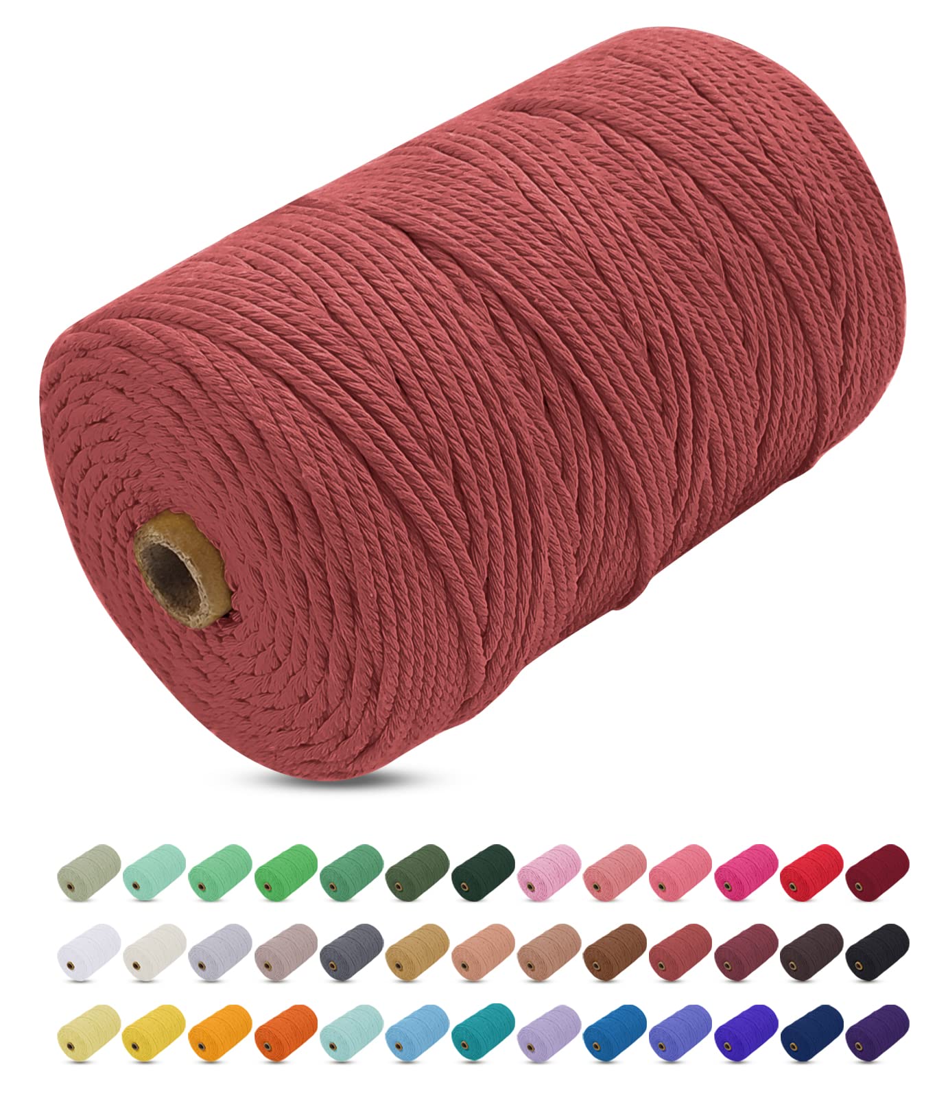 Uiopa Macrame Cord 3mm x 200m, Thick Macrame Rope Yarn Soft Natural Cotton Cord, Coloured 4-Ply Macrame String for DIY Craft, Plant Hangers, Wall Hanging, Christmas Decorations (Coral red)