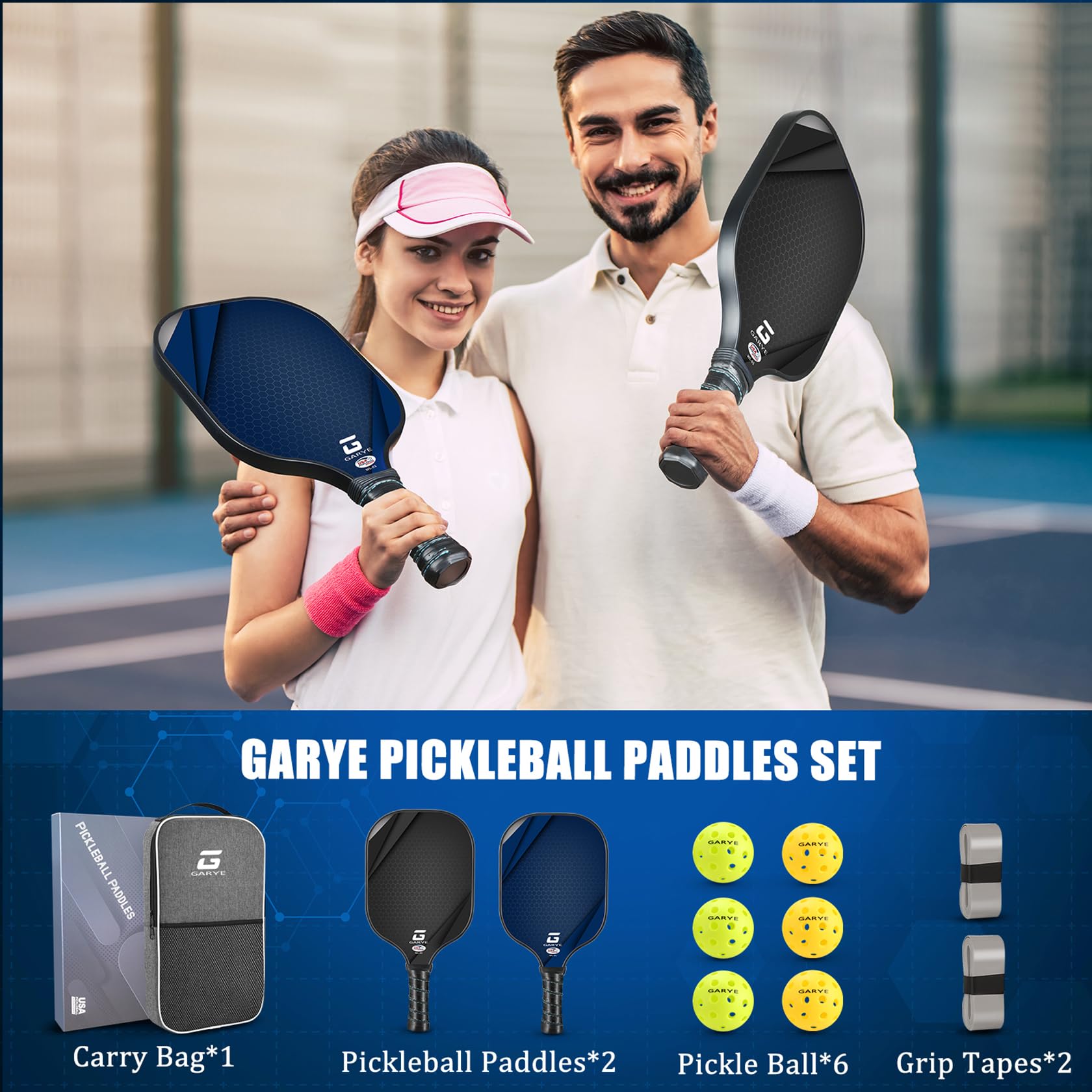 GARYE Pickleball Paddles Set of 2, USAPA Approved Carbon Fiber Pickleball Set, Lightweight Pickle Ball Rackets 2 Pack with 6 Balls, 1 Bag, Pair of Grip Tapes, Pickle Ball Paddle for Men and Women