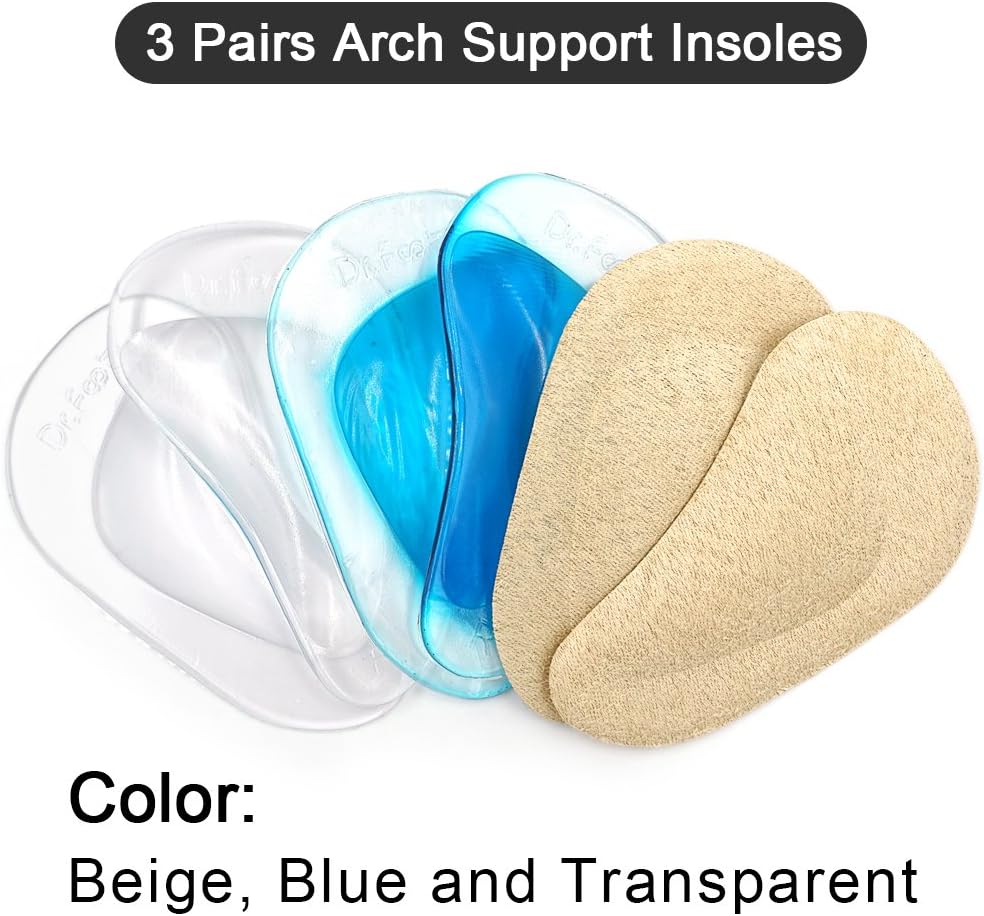 Dr. Foot's Arch Support Shoe Insoles for Flat Feet, Gel Arch Inserts for Plantar Fasciitis, Adhesive Arch Pad for Relieve Pressure and Feet Pain- 3 Pairs (Beige+Blue+ Clear): Health & Personal Care