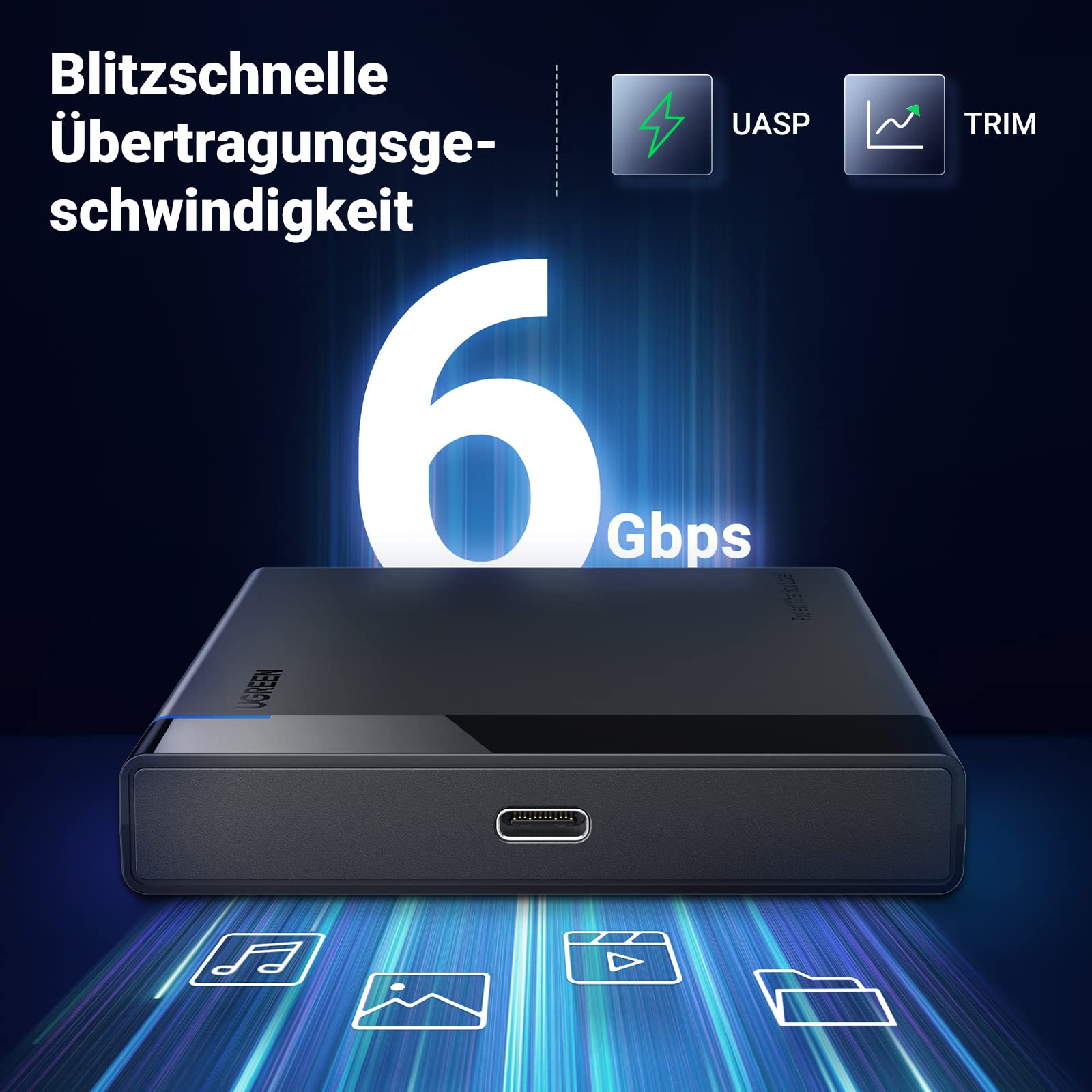 UGREEN Festplattengehäuse 2,5 Zoll Externes Gehäuse für 2.5 Zoll SSD und HDD, UASP unterstützt, werkzeugfreie Montage, USB C 3.2 Gen 2 auf SATA III bis zu 6 Gbps SATA Gehäuse mit USB C 3.1 Kabel 2