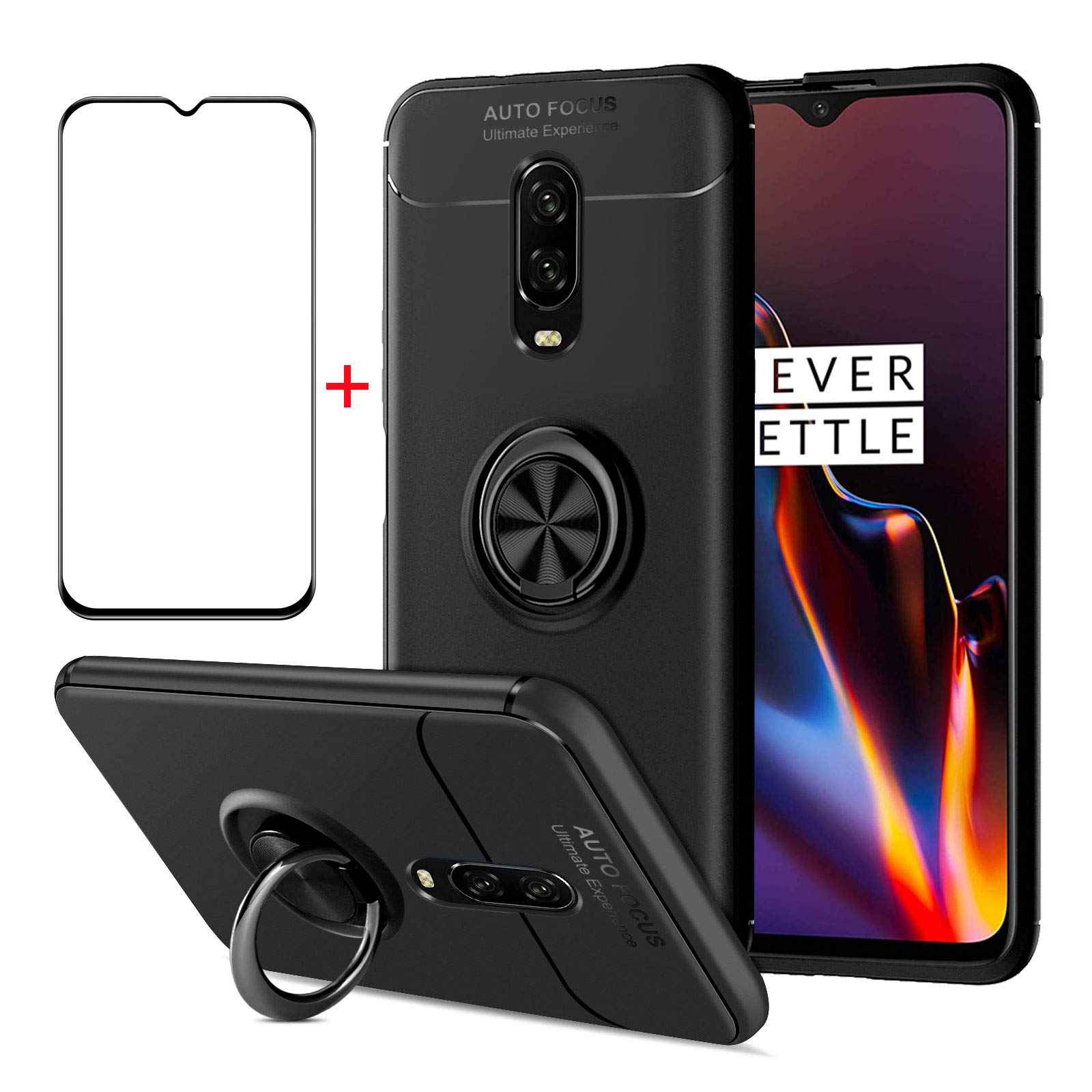 AKABEILA Realme GT Neo 2 5G/Realme GT2 5G Case & Screen Protector Tempered Glass Phone Case Cover Silicone Ring Grip Holder Kickstand Carbon Fiber Shell Shockproof, Black