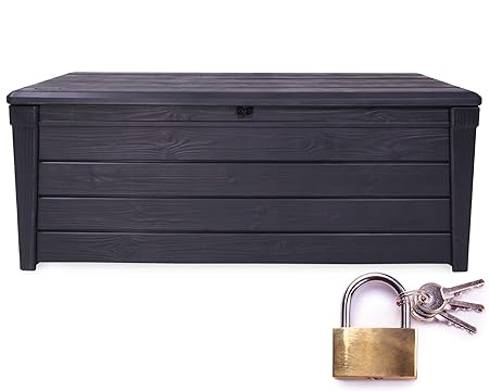 Ondis24 Keter Kissenbox Brightwood + Vorhängeschloss Schloss Auflagenbox Gartenbox Sitztruhe Kiste für Sitzkissen anthrazit 4