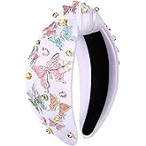 Butterfly Headband for Women Spring Beaded Butterfly Flower Headband Jeweled Rhinestone Floral Knotted Headband Spring Summer Butterfly Hair Accessories Beach Vacation Outfit Gifts (White F)