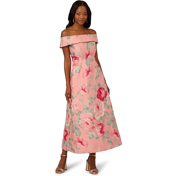 mio♡。Classic Floral Jacquard Dress Hibiscus Pink Bow One-shoulder Floral Jacquard Maxi Bridesmaid