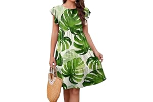 ERTUPE Summer Dress for Women 2023 Sleeveless Ruffle Sleeve Round Neck Mini Dress Solid Loose Short Flowy Pleated Dress