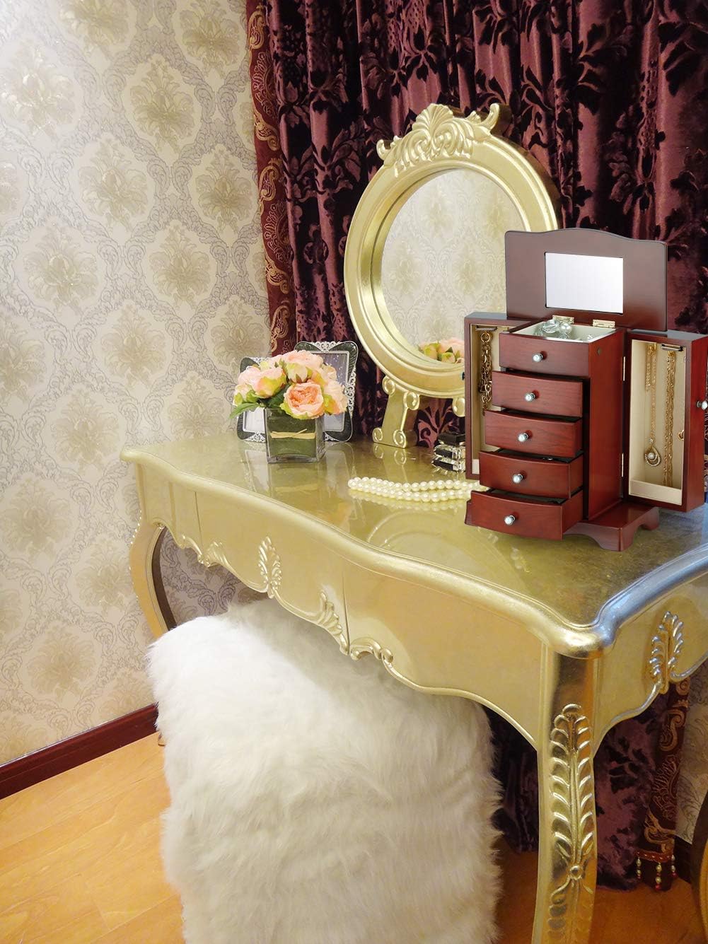 Jewelry Box - Made of Solid Wood with Tower Style 4 Drawers Organizer and 2 Separated Open Doors on 2 Sides and Large Mirror Brown: Home Improvement