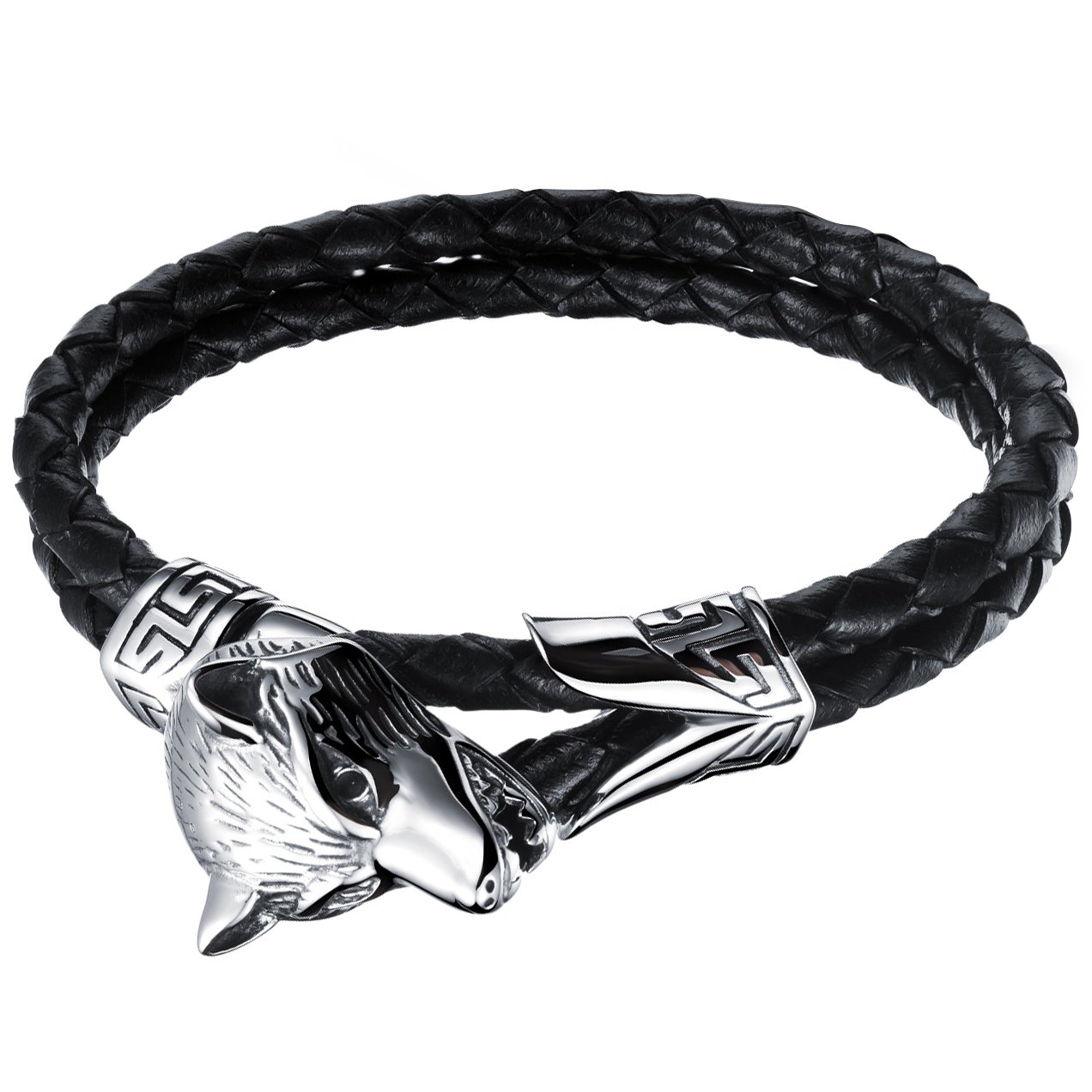 Cupimatch Men's Gothic Biker Stainless Steel Wolf Head Black Braided Leather Bracelet Cuff for Fathers Day