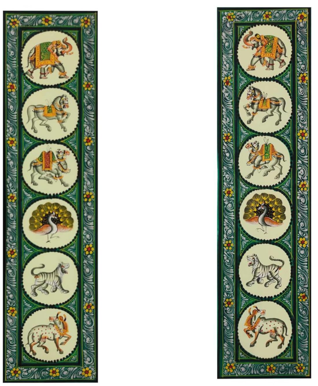 Purpledip Silk Cloth Painting India Fauna: Set of 2 Collectible Indian Miniature Art Unframed Vertical Wall Hangings (12479F)