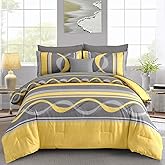 Anibedding Yellow Comforter Set Full Size,8 Pieces Bed in a Bag Patchwork Striped Bedding Sets,Boho Soft Microfiber Bedding Set for All Season(78"×90")