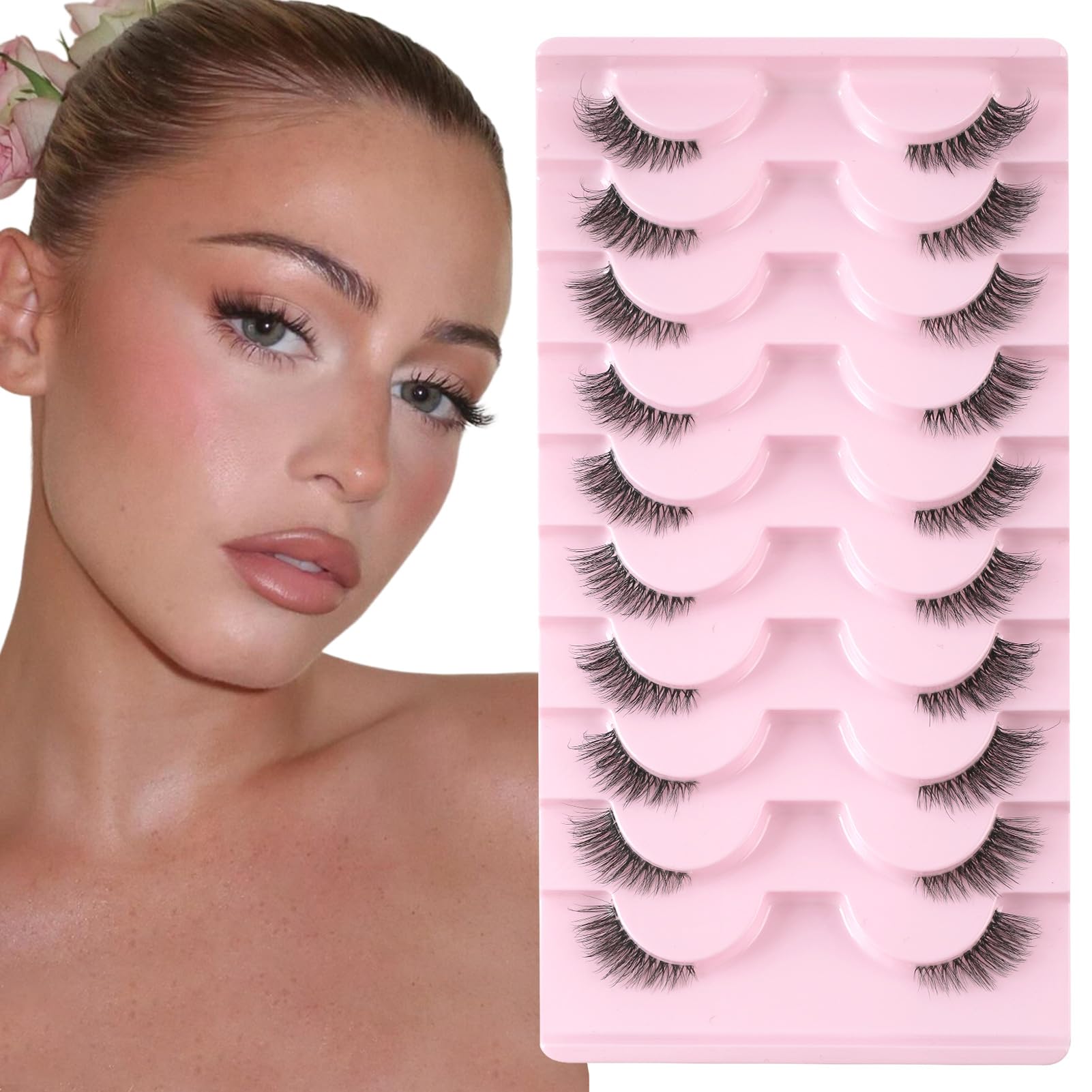 Half Lashes Natural Look 10 Pairs Cat Eye Wispy Corner Lashes Reusable 3/4 Transparent False Eyelashes with Clear Band Sixstarhair