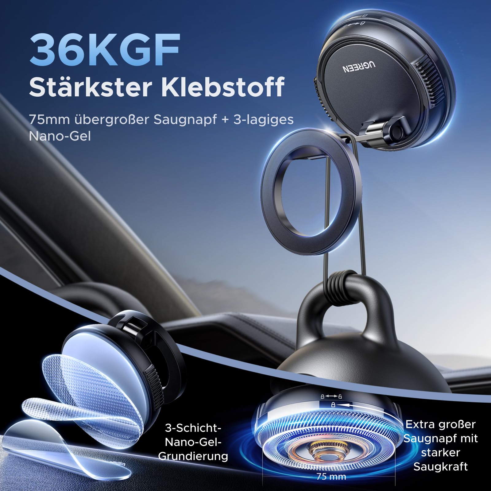 UGREEN Handyhalterung Auto für Magsafe Autohalterung mit N55 Starker Magnet, Handy Halterung Auto mit Vakuum Saugnapf & Nano-Gel-Pad Kompatibel mit iPhone 17 16 15 14 13 12 Pro Max 3