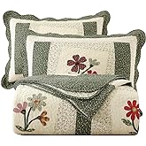 vctops Farmhouse Green 3 Piece Embroidered Floral Quilted Bedspread Quilt Set 100% Cotton Reversible Patchwork Coverlet Set 1 Quilt and 2 Pillow Shams (Green,Queen)