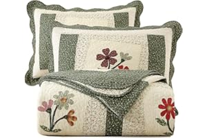vctops 3 Piece Embroidered Floral Quilted Bedspread Quilt Set 100% Cotton Reversible Patchwork Coverlet Set 1 Quilt and 2 Pillow Shams (Green,Queen)
