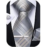 DiBanGu Plaid Ties for Men Silk Checkered Necktie and Pocket Square Cufflinks Tie Clip Set with Gift Box for Wedding Business