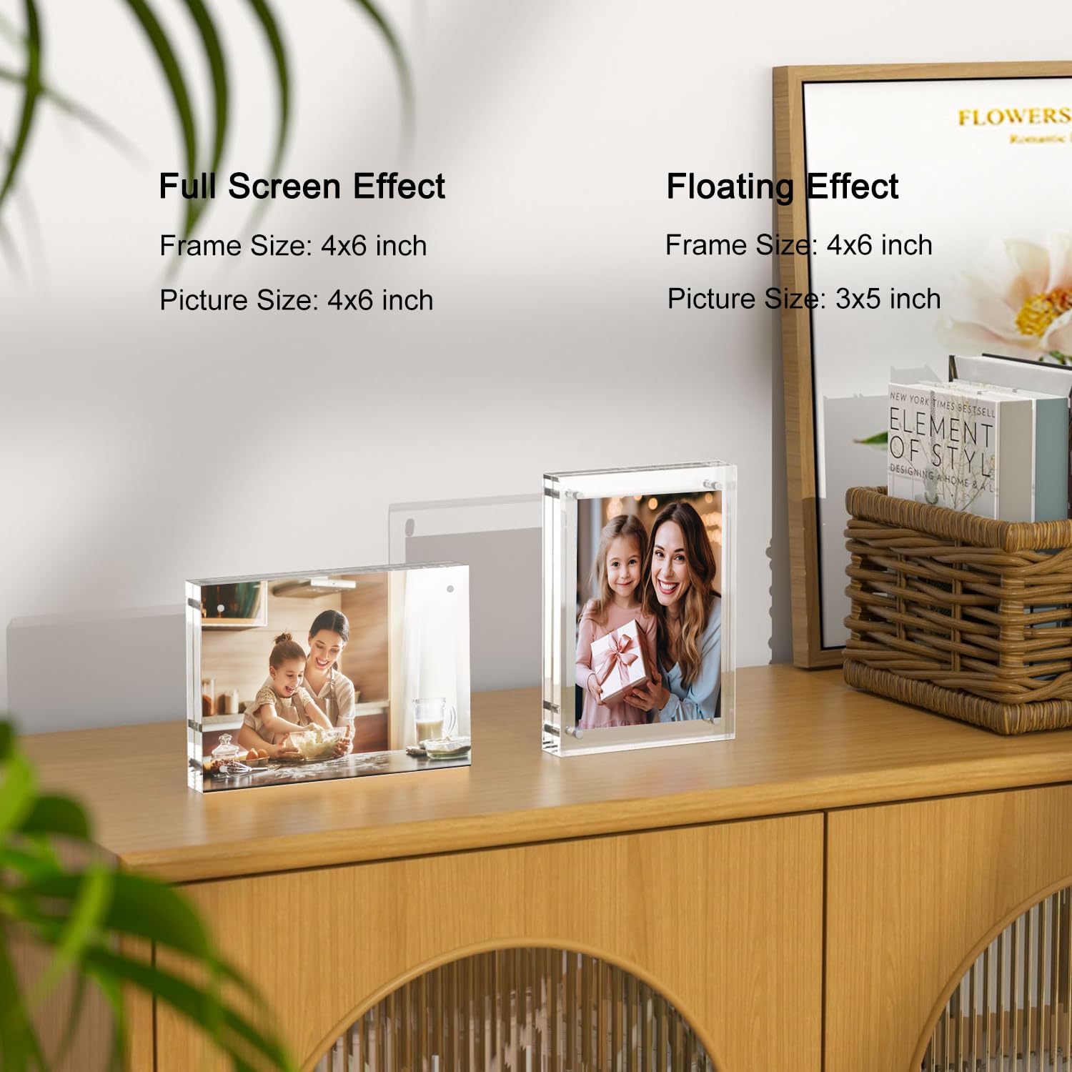 hansanti 3 Packs 4x6 Inch Acrylic Picture Frames, 20mm Thickness Magnetic Photo Frame, Clear Freestanding Double Sided Frameless Transparent Tabletop Acrylic Frame Stand for Desktop Display