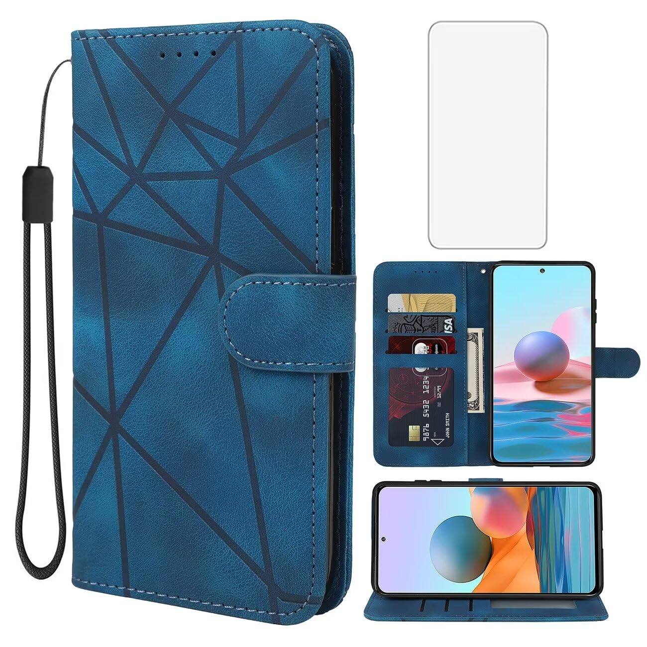 Wanyuexes Case for Redmi Note 10 Pro/Redmi Note 10 Pro Max Wallet Case with Tempered Glass Screen Protector, Leather Flip Credit Card Holder Stand Phone Cover for Xiaomi Redmi Note 10 Pro Max Blue