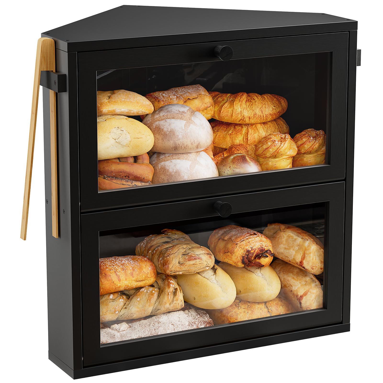 Photo 1 of WOWLIVE Corner Bread Box for Kitchen Countertop, Large Double Layer Bread Storage Container for Homemade Bread, Black Bread Holder for Kitchen Counter, Under Cabinet Organizer (Black, Extra Large)