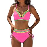 popvil High Waisted Bikini Sets for Women Tummy Control Swimsuits Neon Two Piece V Neck Drawstring Bathing Suits 2026