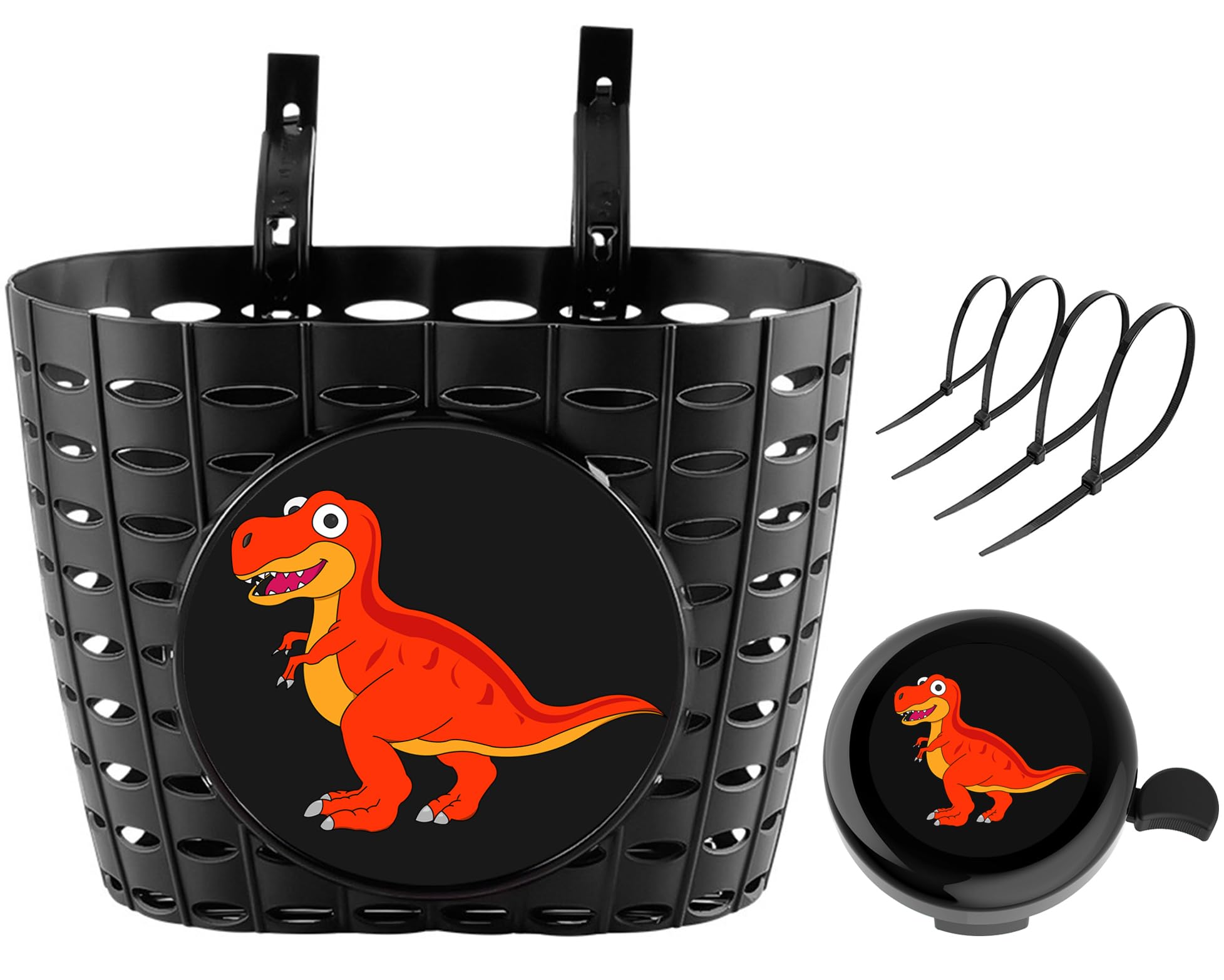 YeloYolker Boys Bike Basket with Bell, Cute Dinosaur Bicycle Basket for kids, Toddlers, Plastic Front Handlebar Basket for Scooter, Tricycle(T-Rex)