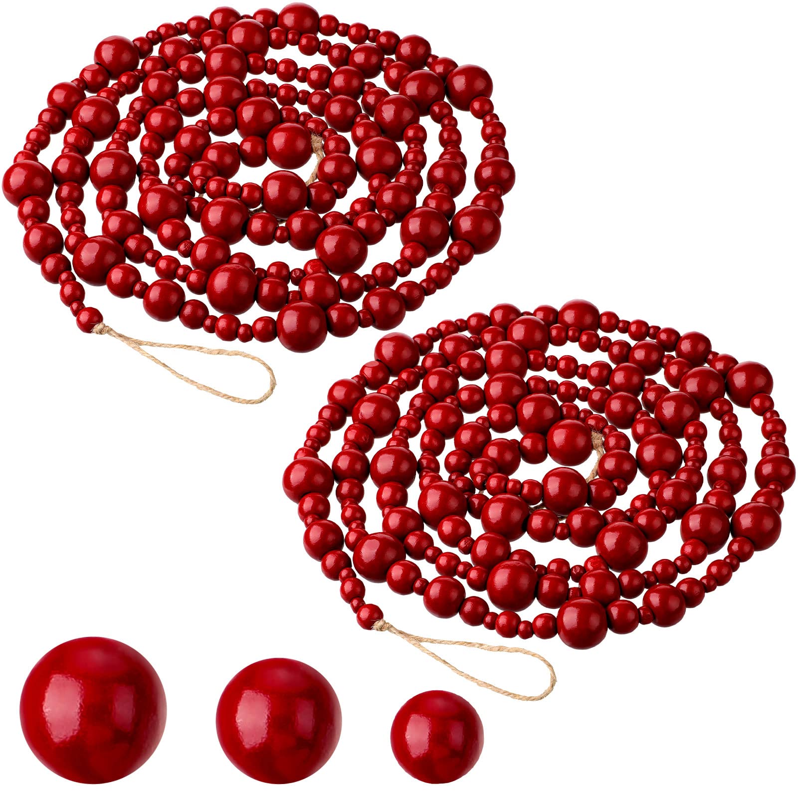 Photo 1 of 2 Pcs 16.4 Feet Christmas Wood Bead Garland Rustic Christmas Wooden Beads Decorative Tree Wooden Beaded Garland Decor Farmhouse Boho Ornaments for Xmas Decoration Supplies(Dark Red)